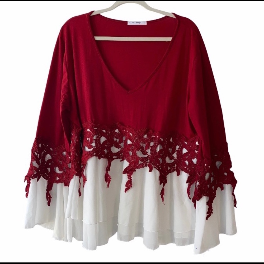 ROSE GAL Red White Crochet Overlay Top/Blouse